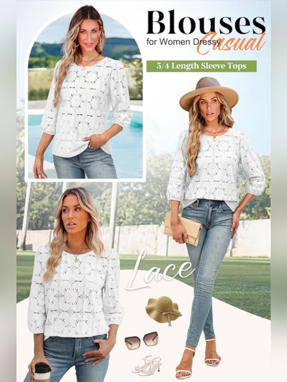 Eyelet Lace 3/4 Sleeve Blouse | Shirt - Sampeel